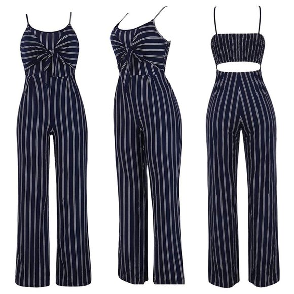 Navy Blue & White Striped Sleeveless Jumpsuit Tank - Picture 7 of 16